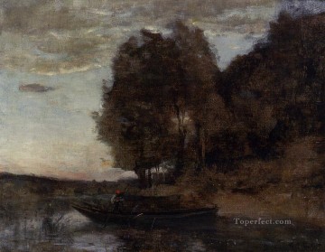 Pescador paseando en bote por un paisaje boscoso Jean Baptiste Camille Corot Pinturas al óleo